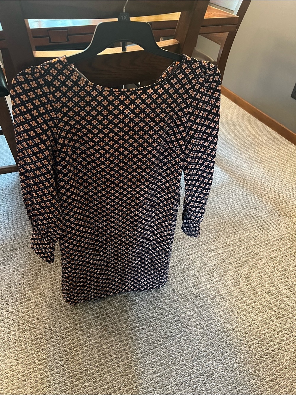 LOFT Black Pink Geometric A-Line Dress 3/4 Sleeve Round Neck Short XS # 651